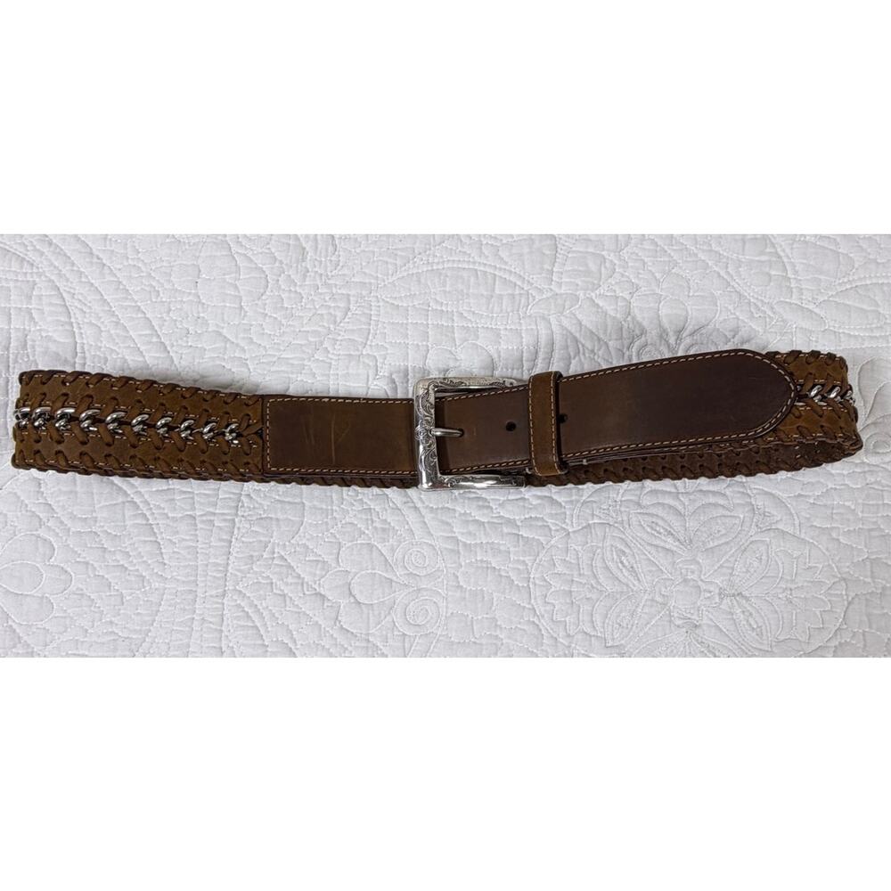 Brighton Women L Brown Braided Leather Silver Buckle Accent Belt Minimalist
